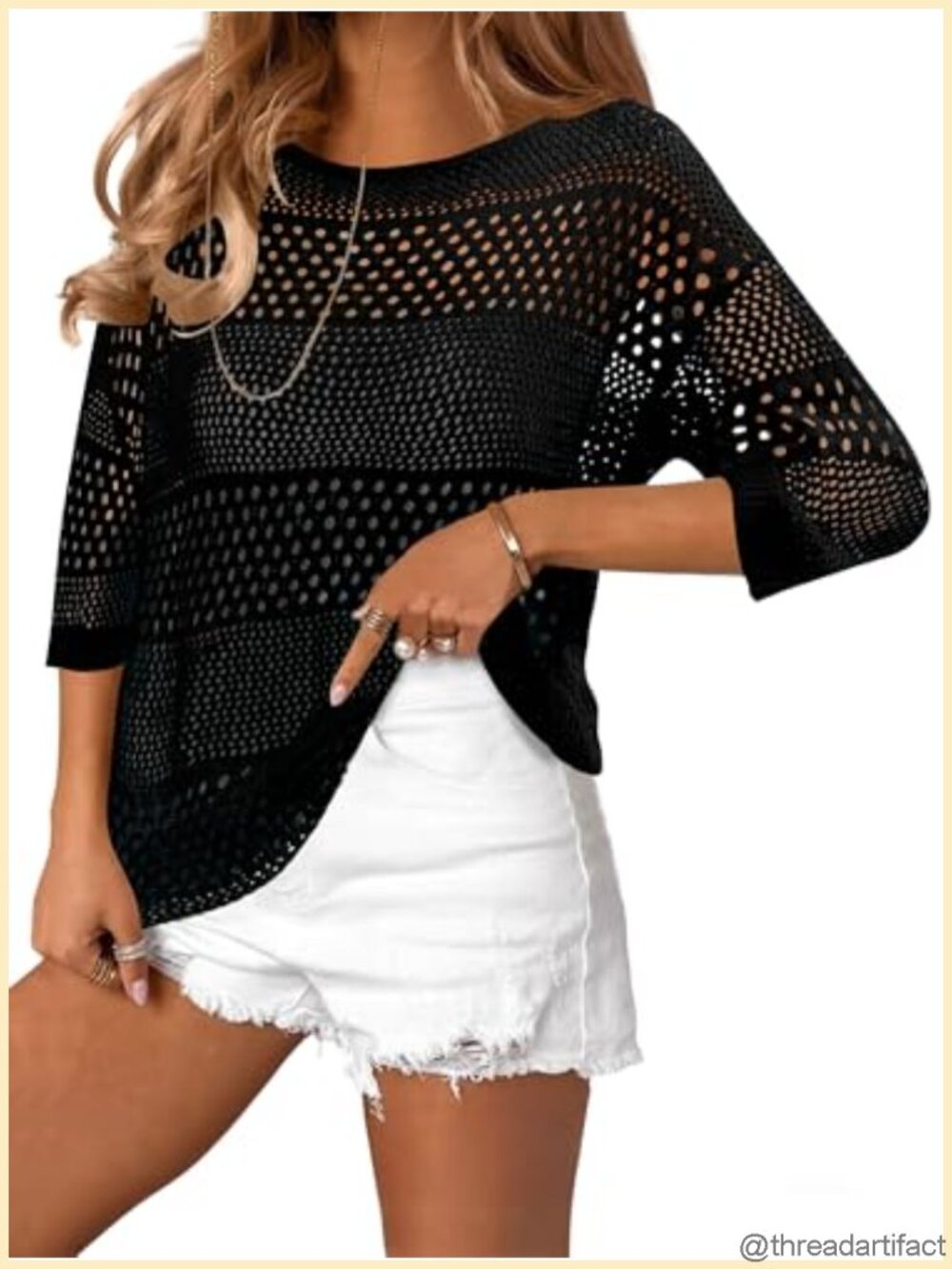 Crochet Sweater 3/4 Sleeve Hollow Out Knit Pullover Cover-Up